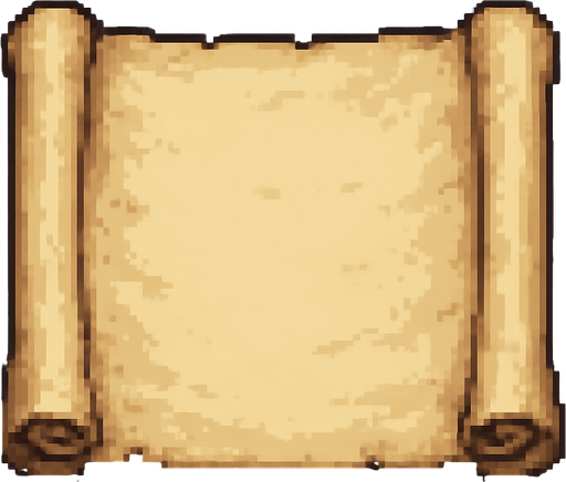 High-quality 2D pixel art of an empty parchment scroll. The scroll is slightly aged, with soft yellowed paper tones, curled edges, and subtle wrinkles and texture details. The ends are rolled and slightly shadowed for depth. The parchment is unrolled and centered, with no text or symbols on it. Style is clean and classic 16-bit pixel art, suitable for use in a fantasy RPG inventory or dialogue box. Transparent background.".
In-Game asset.  2d.  High contrast.  No shadows
