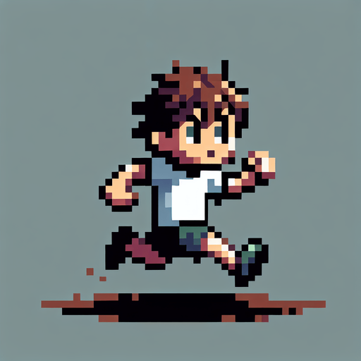 Pixel art,   kid running with a stick..
Single Game Texture. In-Game asset. 2d. Blank background. High contrast. No shadows.