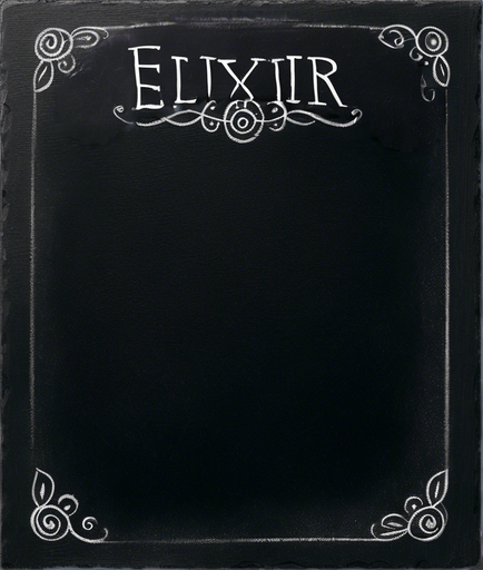 Text "ADEPT ELIXIR" handwritten in chalk