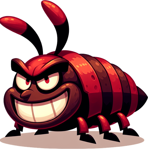 a cartoon bug. evil looking. red and brown color..
Single Game Texture. In-Game asset. 2d. Blank background. High contrast. No shadows.