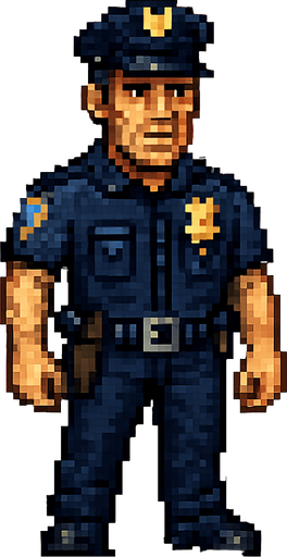 police officer pixel. detaylı surat full body
In-Game asset.  2d.  High contrast.  No shadows
