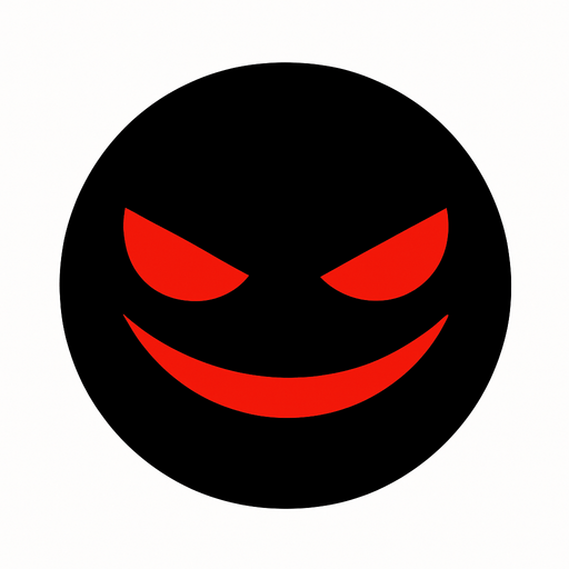 a black circle that is dark and evil and has red eyes and an evil smirk.
In-Game asset.  2d.  High contrast.  No shadows