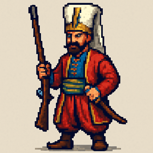pixel detailed A Janissary of the Ottoman Empire.
In-Game asset.  2d.  High contrast.  No shadows