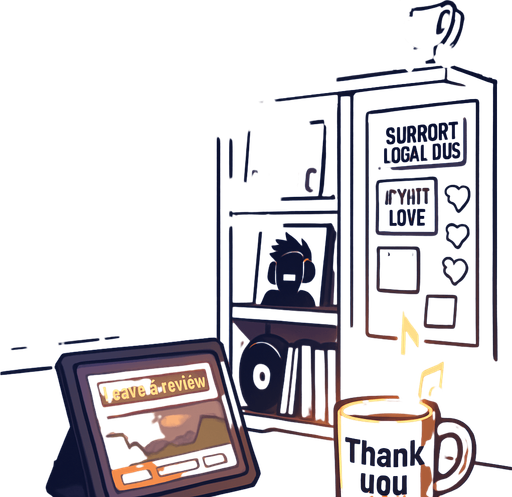 A 2048x2732 vertical background illustration in a semi-realistic comic book style. The scene takes place in another corner of the same urban apartment — this time showing an open space near a shelf filled with music memorabilia, fan-made items, and a pinboard with stickers like “Support Local DJs”, “Upvote Love”, and pixel-style hearts. A tablet on the desk is open to a game page with a “Leave a review” banner. There’s a soft spotlight on a coffee mug with “Thank you” written on it and glowing music notes floating around it. The city lights outside still shine in purples and blues, but this part of the room feels more hopeful and connected. The vibe is warm, welcoming, and subtly celebratory. No characters or text. In-game menu background, consistent with main menu themes..
In-Game asset.  2d.  High contrast.  No shadows