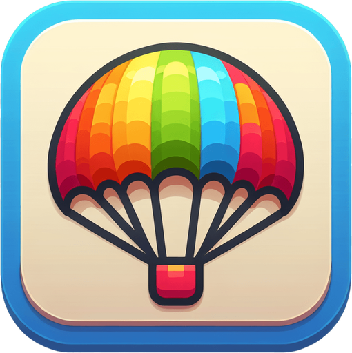 parachute. multicoloured. cartoon style..
Single Game Texture. In-Game asset. 2d. Blank background. High contrast. No shadows.