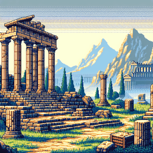 Ancient greece background pixel style ruins.
Single Game Texture.  In-Game asset.  2d.  Blank background.  High contrast.  No shadows
