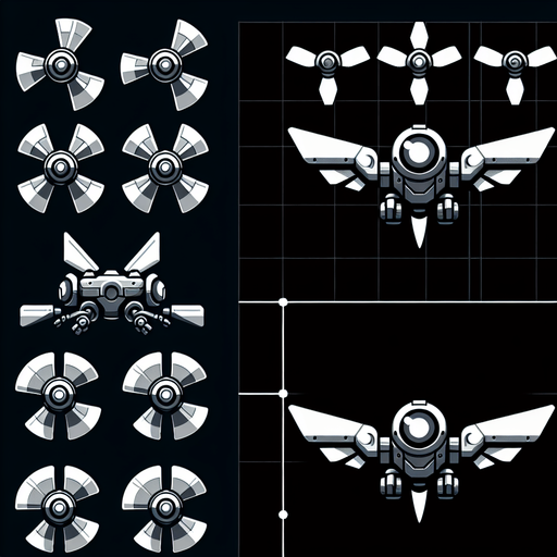 A robot with small, propeller-like wings. These wings allow the robot to glide through the air for short periods of time and change direction. The player has to use the wings at the right times and angles to control the fall, overcome obstacles and reach the goal. The robot's energy level and the durability of the wings will be the limiting factors.
Single Game Texture.  In-Game asset.  2d.  Blank background.  High contrast.  No shadows