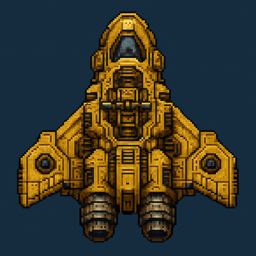 Бронированный летающий корабль звездолет пиксельный вид сверху 2д.
In-Game asset.  2d.  High contrast.  No shadows