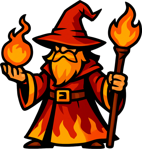 a fire wizard.
In-Game asset.  2d.  High contrast.  No shadows