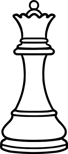 Create a refined and graceful white queen chess piece image with a transparent background. It should have clear black outlines and a classic design, easily distinguishable from other pieces. The style must fit a minimalist black-and-white chessboard. Output as a PNG with transparency..
In-Game asset.  2d.  High contrast.  No shadows