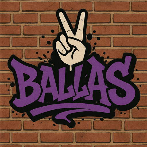 Tuğladan duvar üzerinde ballas grafitisi var,west side tarzında.
In-Game asset.  2d.  High contrast.  No shadows
