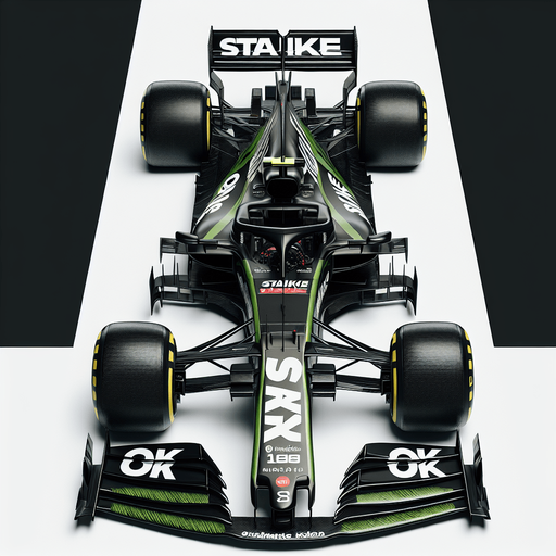 Photorealistic f1 race car, Top view. Black and grassgreen painted body. White "Staike" text on rear wing. OK OK texts on front wing.