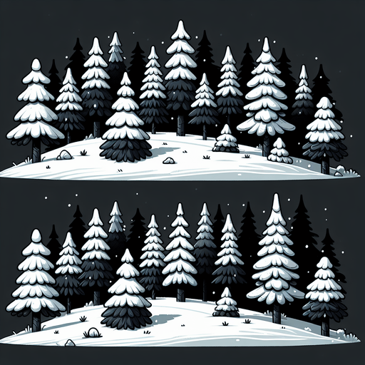 Tree line of snowy pine trees. Cartoon. Black background.
Single Game Texture. In-Game asset. 2d. Blank background. High contrast. No shadows.