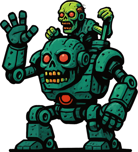 Un zombie robot gigante controlado por otro zombie.
In-Game asset.  2d.  High contrast.  No shadows