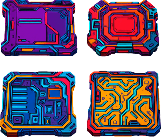 Futuer complicated floors. Cyberpunk. Abstract. separated. Different colors. HD colors.
In-Game asset.  2d.  High contrast.  No shadows