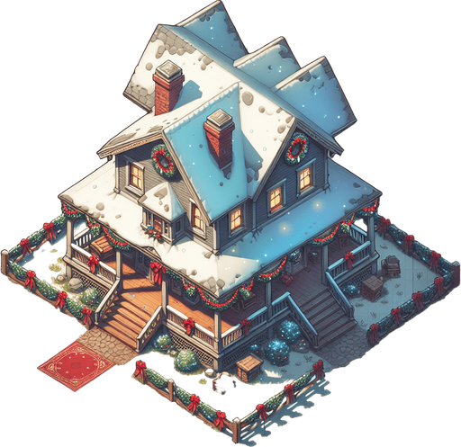 Topdown view of a very christmassy country house Single Game Texture. In-Game asset. 2d. Blank background. High contrast. No shadows.