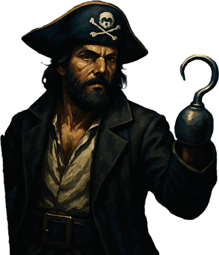 Pirata con sombrero pirata y garfio, en barco pirata, navegando sobre el mar en una noche estrellada, algo realista, pero fuera de lo caricaturesco.
In-Game asset.  2d.  High contrast.  No shadows