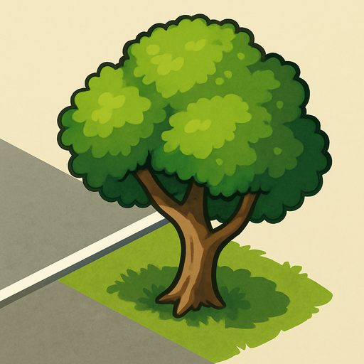 A 2D top-down tree (a little bit short and weird) viewed from a slight rear top angle, positioned beside a road, showing the top and a bit of the back side. The tree is slightly angled to match the camera perspective, with visible foliage and trunk shape. Daylight, clean background, suitable for roadside environment in a driving game..
In-Game.
In-Game asset.  2d.  High contrast.  No shadows