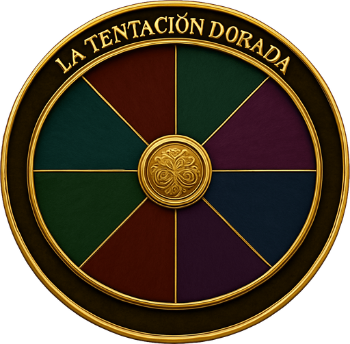 Create a visual asset for a luxury prize wheel base for 'La Tentación Dorada'.

Design:

Shape: Perfect circle.

Sections: 8 clearly divided sections, marked by elegant gold or silver lines.

Colors: Rich, deep casino tones (reds, greens, blues, purples, dark wood/gold).

Center: Decorative element (subtle logo/metallic plate).

Outer Rim: Prominent golden or silver polished rim.

Style: Luxurious, sophisticated prize wheel.

Background: Transparent (wheel only).

Objective: Elegant base for 8 prize placements..
In-Game asset.  2d.  High contrast.  No shadows