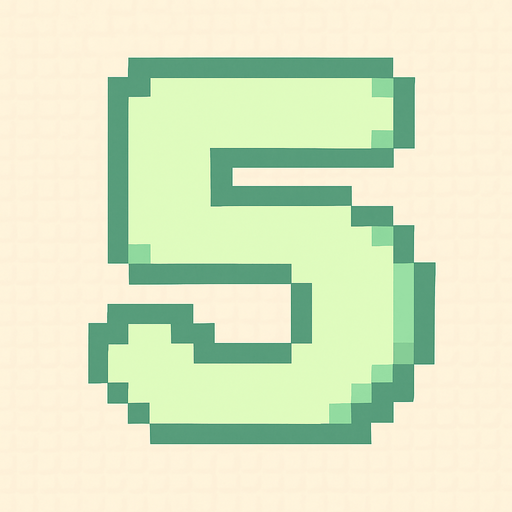 A pixel art number "5" designed for a cozy, cute retro 2D game UI with a bird theme. The number is rendered in soft pastel light green tones to harmonize with the gentle and sweet aesthetic of the game. It has a clean, simple, and rounded pixel style with no harsh edges, fitting perfectly within the pixel art UI style. The number is bold and easily readable at small sizes..
In-Game asset.  2d.  High contrast.  No shadows. pixel art. retro. 2d ui. number. pastel light green. simple. rounded edges. bold. cute. minimal