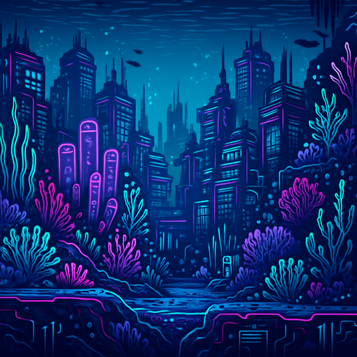 neon cyberpunk manga undersea landscape  ocean computer simulation underwater seafloor underwater background hd 2 sidescrolling platformer videogame bg undersea landscape