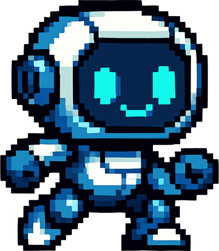 Crea un personaje que sea un robot pequeño y amigable.
Diseño estilo futurista pero tierno, como un asistente robótico.
Que parezca ágil y listo para esquivar bombas.
Estilo píxel art. Fondo transparente..
In-Game asset.  2d.  High contrast.  No shadows