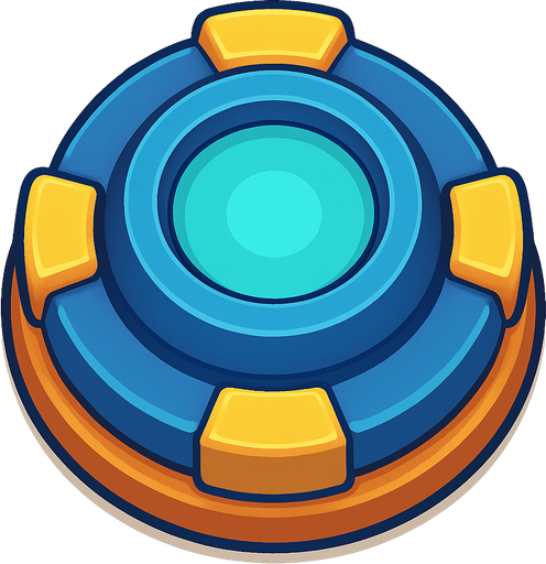 Crea la Torre Slow en un estilo 2D renderizado, limpio y cartoonish, con contornos claros y definidos, colores vibrantes con transiciones suaves, y sombreado que da volumen a sus superficies superiores.
La perspectiva debe ser VISTA CENITAL (totalmente desde arriba). Esto significa que la torre se verá como si estuviera siendo observada directamente desde arriba, con los detalles de su parte superior siendo prominentes.
La base de la torre debe ser circular para permitir un movimiento de cañón cómodo. Esta torre NO tiene un cañón direccional, su efecto es radial/de aura.
La torre debe tener un perfil bajo y la menor cantidad de relieve vertical posible para facilitar una rotación fluida en la animación..
In-Game asset.  2d.  High contrast.  No shadows