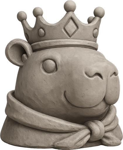 Recrealo en una escultura. Utiliza un estilo cartoon. Usas colores grises. Recuerda que es un capibara usas sus rasgos y formas. Damelo sin fondo, Quita el cañon de fondo