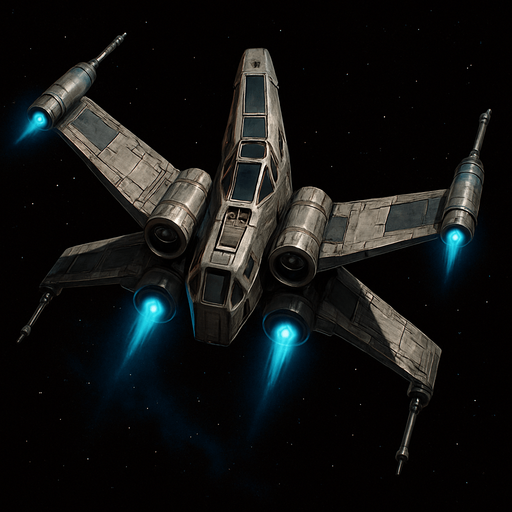 A detailed top-down view of a futuristic sci-fi starfighter inspired by classic space opera aesthetics. The ship has an X-shaped wing configuration with sleek, metallic surfaces, engine nacelles on each wingtip, and a compact central cockpit. The design features weathered textures, battle scars, and glowing blue thrusters. The wings are equipped with small laser cannons at the ends. The background is deep space with stars and a distant nebula. The ship appears to be flying or hovering, with subtle lighting and shadows to enhance depth. Highly detailed, concept art style, 4K resolution. Original and copyright-safe, inspired by retro starfighter designs..
In-Game asset.  2d.  High contrast.  No shadows