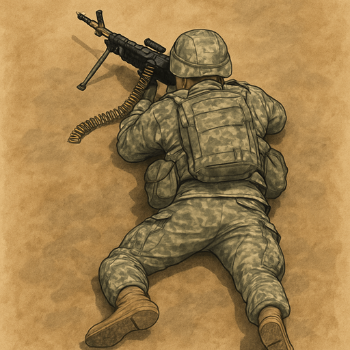 Army soldier laying with machine gun, top view from back