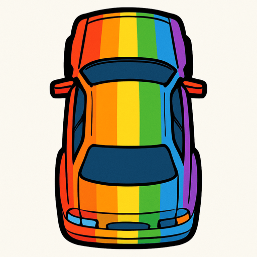 Bird view rainbow car.
In-Game asset.  2d.  High contrast.  No shadows