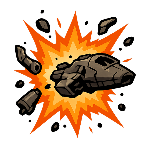 An explosion which contains debris of a spaceship.
In-Game asset.  2d.  High contrast.  No shadows