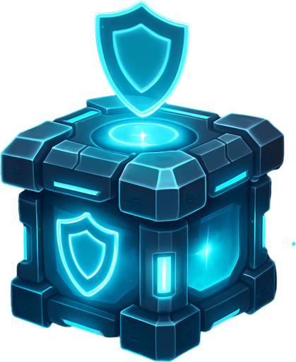 A 2D sci-fi power-up gift box that grants a shield, designed with a glowing blue energy core inside a metallic futuristic container. The box features holographic shield symbols, neon cyan highlights, and soft pulsing light. It is slightly levitating, surrounded by sparkles and a faint energy ring. The design should clearly suggest it gives protective power. Transparent background, digital art style, ideal for sprite use in a top-down space shooter game..
In-Game asset.  2d.  High contrast.  No shadows