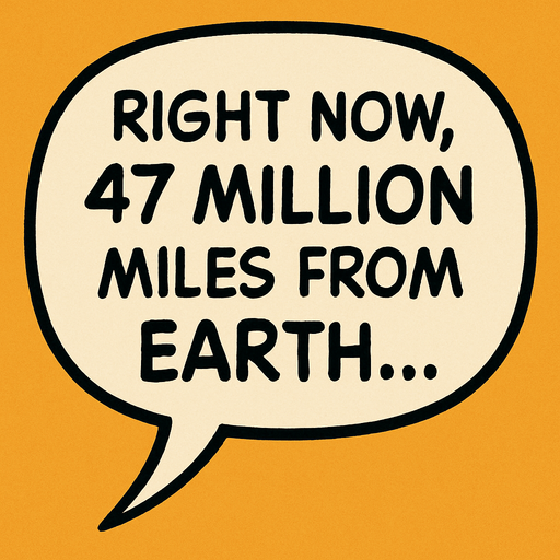 "Comic book illustration speech bubbles saying '"Right now, 47 million miles from Earth...' 
In-Game asset.  2d.  High contrast.  No shadows