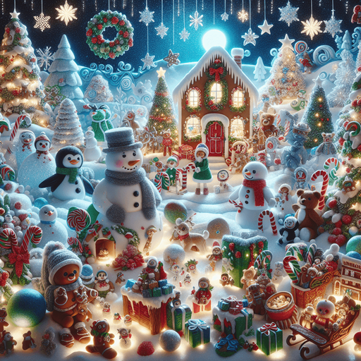 A Magical feeric starry christmas landscape at night with a snow man , candy canes ,holly leafs and snow flakes, cute penguin, Santa's reindeers, green, red and blue presents and a lot of toys, a sled, gingerbread boy and girl, snow globes, cute polar bears cub and a gingerbread house. Realistic. Plastic style. Background image