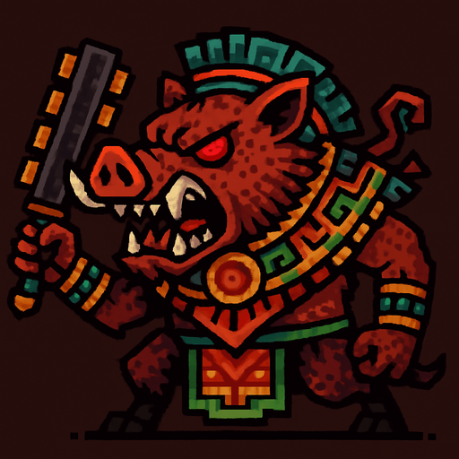 Genérame una Pecari de collar guerrero azteca con eso patrones, estilo pixelar, con una apariencia maligna, ojos rojos, rabioso. Unidad cuerpo a cuerpo.
In-Game asset.  2d.  High contrast.  No shadows