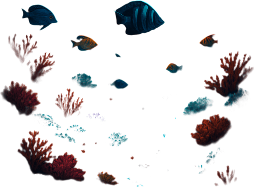 A fantasy underwater scene in a dark deep ocean, illustrated in highly detailed fantasy art style. The background is a dark abyss with faint rays of light piercing from above, casting soft glows through the water. At the bottom of the scene, vibrant and colorful coral reefs in hues of red, purple, teal, and orange spread across the sea floor. Exotic fish swim gently among the coral. The entire scene is viewed with a cinematic wide angle. Shadows of sea creatures loom faintly in the background. The water has particles suspended, giving it a mysterious and immersive depth. Bioluminescent algae softly glow in some areas of the coral. The overall tone is mysterious yet magical. Black background base. Ideal for a 5x5 grid overlay. No text, pure environment. 4K ultra-detailed fantasy illustration..
In-Game asset.  2d.  High contrast.  No shadows