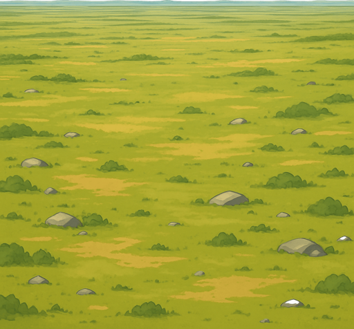 Here’s a prompt for a very distant, wide-angle view of a tree-free forest floor:

**Prompt:**
A very distant, wide-angle aerial view of a tree-free forest floor, showing expansive grassy plains with patches of dirt, scattered rocks, and low vegetation. The terrain stretches far into the horizon with subtle color variations and soft natural lighting, creating a vast, open, and serene natural environment without any trees..
In-Game asset.  2d.  High contrast.  No shadows