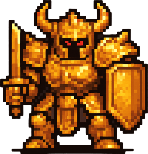 boss düşman altın zırh pixel art.
In-Game asset.  2d.  High contrast.  No shadows