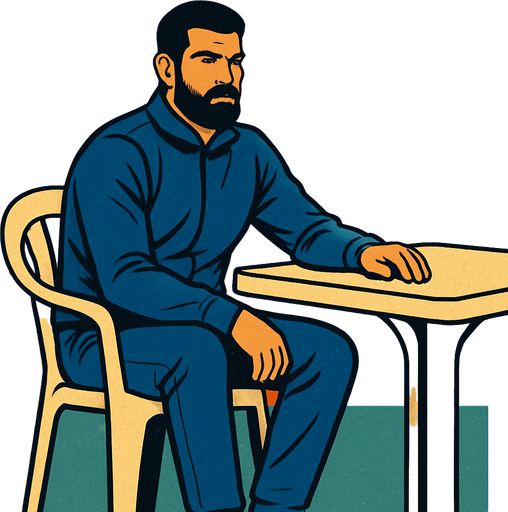 Beyaz plastik sandalye ve masa da oturan volkan demiren görseli oluştur . bu görsel de volkan demirel Lacivert eşofman takımı giyiyor olsun . retro temada olsun !.
In-Game asset.  2d.  High contrast.  No shadows