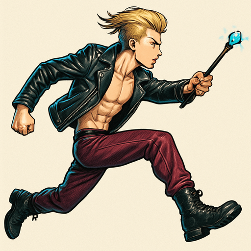Swishy graceful man Cyberpunk manga, wand pointed straight ahead, arm extended, jump attack, side profile view attack animation, shiny black leather biker jacket longsleeves shirtless Skinny abs blonde pompadour guy, action shot wine red joggers combat boots, Background removed, "Full-body character, entirely in frame, no cropping of face, head, or feet" "Complete character visible, from head to toe, fully centered in the image" "Entire character, including face and boots, fully within the frame" Character fully contained within a square frame, no edges cut off fashion model running pose