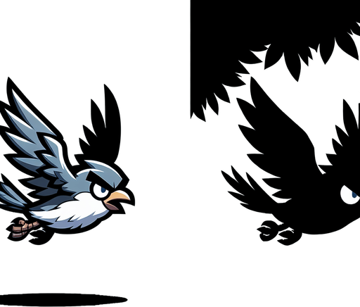 dangerous bird teen soldier mario bird, flying on air ,grey and black villain gliding on air.
Single Game Texture.  In-Game asset.  2d.  Blank background.  High contrast.  No shadows