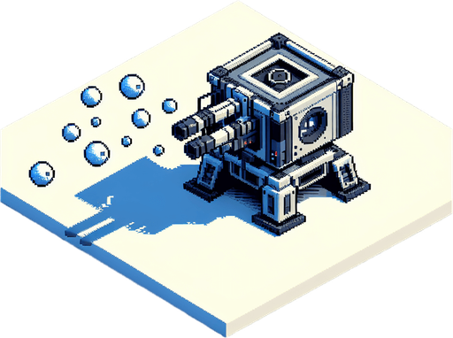 square shaped snowball shooting turret. pixelated. 8 bit. Single Game Texture. In-Game asset. 2d. Blank background. High contrast. No shadows.