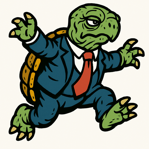 Irregular old land turtle wearing a suit with a red tie in a jumping position.
In-Game asset.  2d.  High contrast.  No shadows