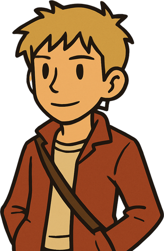 15 yo boy with short scruffy blonde hair professor Layton game style.
In-Game asset.  2d.  High contrast.  No shadows
