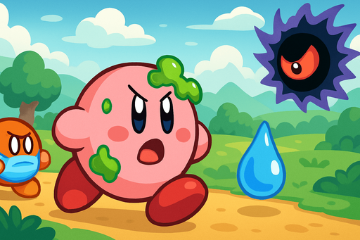 Fullscreen modern App Store landscape banner, 16:9, high definition, for a game titled "Kirby's Infection Crisis" and with the description "Navigate Kirby through infected Dream Land, avoiding Waddle Dees and Waddle Doos while managing random infection consequences. Find water to cleanse infections and defeat Dark Matter to save the world.". No text on banner!
