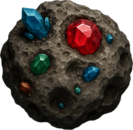 Uzay temalı asteroid, üzerinde cevherler bulunsun, gerçekçi, yazısız üstten görünüm. 
In-Game asset.  High contrast.  No shadows