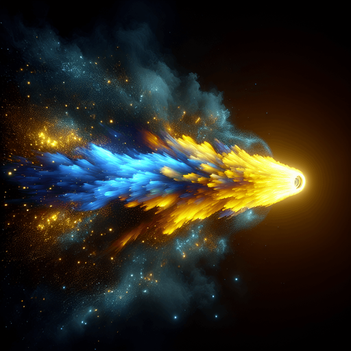 Game texture, Single Spaceship Engine exhaust light particle, yellow blue fire. Black background.