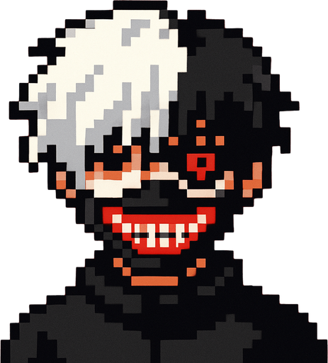 KANEKİ PİXEL ART GHOUL.
In-Game asset.  2d.  High contrast.  No shadows