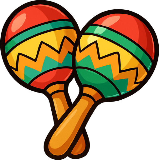 A colorful, cartoon-style 2D illustration of a pair of maracas. Each maraca should have a rounded top and a small wooden handle, decorated with bright patterns (like stripes or zigzags in red, yellow, green). The design should be playful and festive, matching the visual style of mobile games. Export as a transparent PNG, with bold outlines and soft shading, suitable for use as a music quiz game icon..rounded background with yellow or green

In-Game asset.  2d.  High contrast.  No shadows